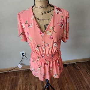 Ember Rose Pink Floral V-Neck Short Sleeve Tunic Top Blouse Size XL